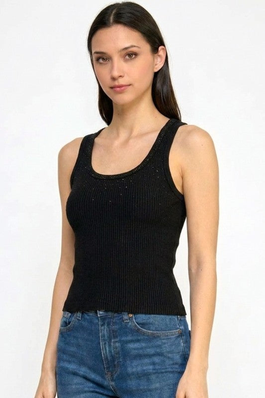 Fitted Tank Top – Rhinestone Detail Glam Style
