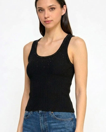Fitted Tank Top – Rhinestone Detail Glam Style