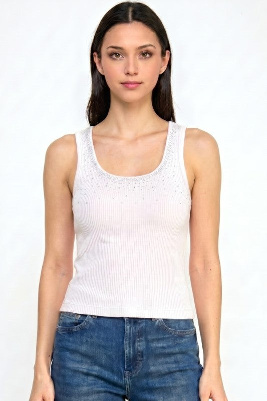 Fitted Tank Top – Rhinestone Detail Glam Style