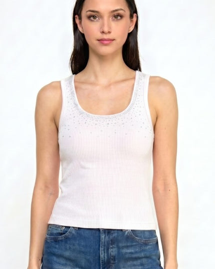 Fitted Tank Top – Rhinestone Detail Glam Style