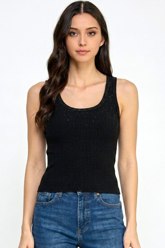 Fitted Tank Top – Rhinestone Detail Glam Style