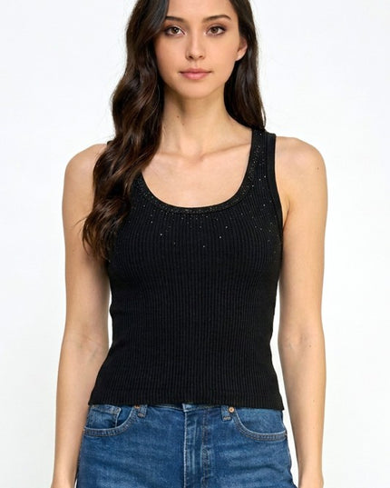 Fitted Tank Top – Rhinestone Detail Glam Style