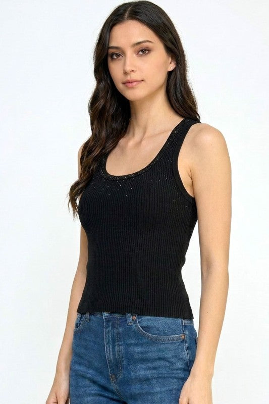 Fitted Tank Top – Rhinestone Detail Glam Style