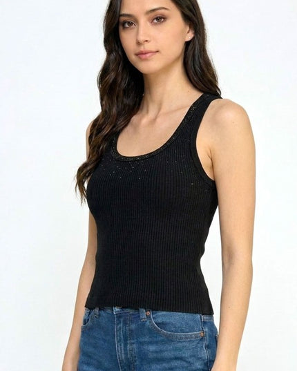 Fitted Tank Top – Rhinestone Detail Glam Style