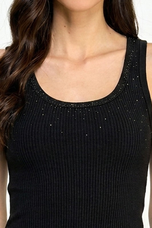 Fitted Tank Top – Rhinestone Detail Glam Style