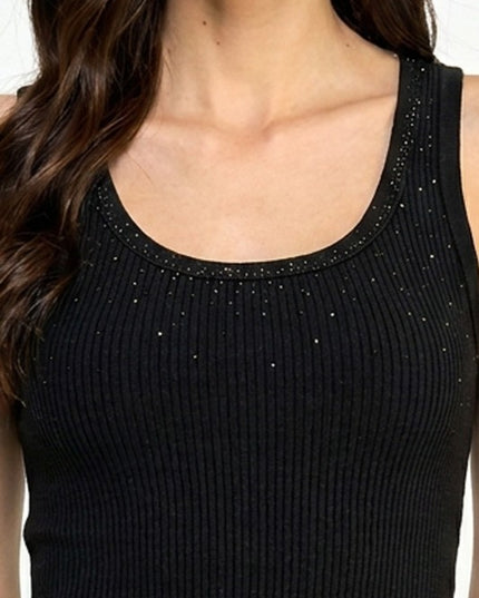 Fitted Tank Top – Rhinestone Detail Glam Style