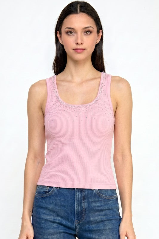 Fitted Tank Top – Rhinestone Detail Glam Style