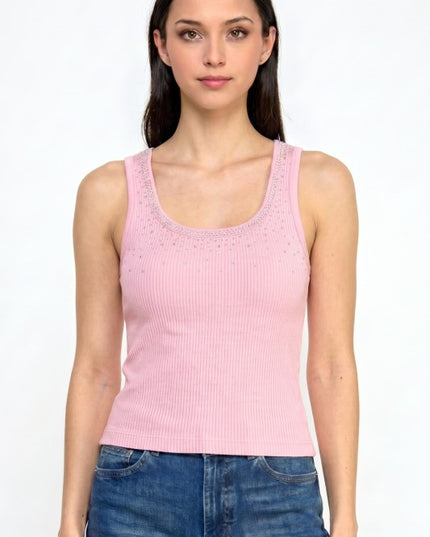 Fitted Tank Top – Rhinestone Detail Glam Style