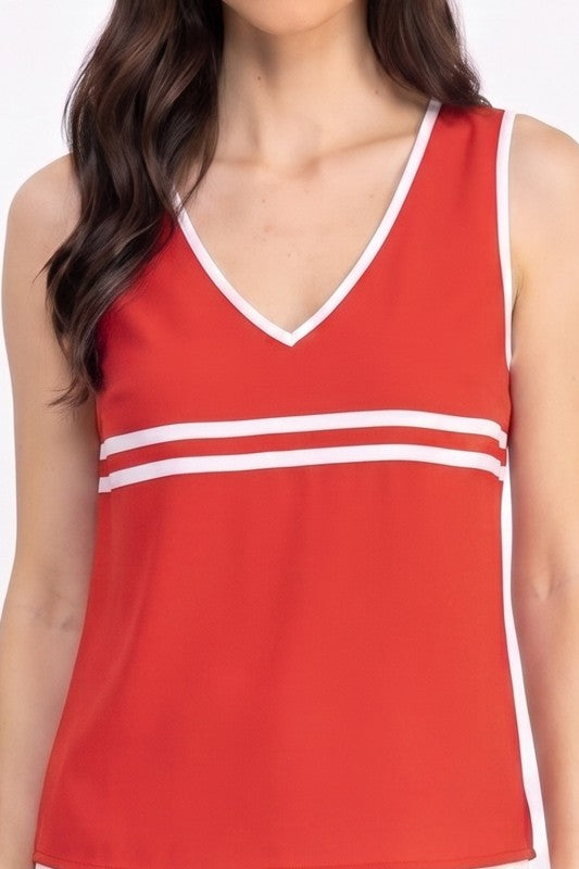 V-Neck Tank Top – Contrast Piping Slim Fit Style