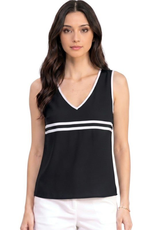 V-Neck Tank Top – Contrast Piping Slim Fit Style