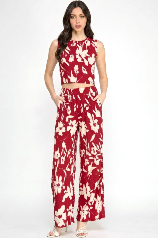 HK512 Floral Crinkle Crop Top & Pants Set – Relaxed Fit