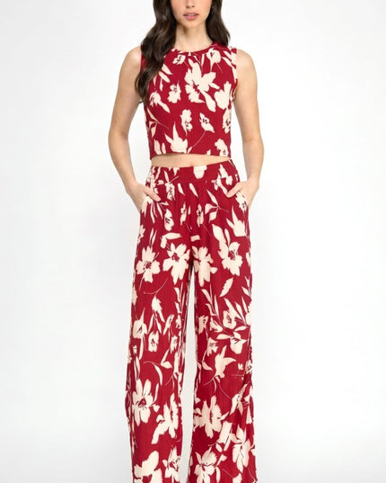 Floral Crinkle Crop Top & Pants Set – Relaxed Fit