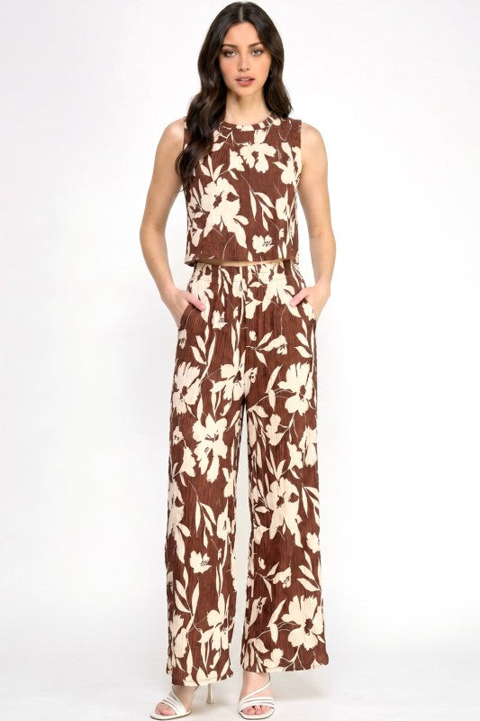 HK512 Floral Crinkle Crop Top & Pants Set – Relaxed Fit