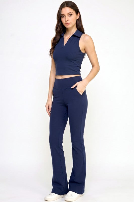 Active Flare Pants Set – Collared Crop Top Style