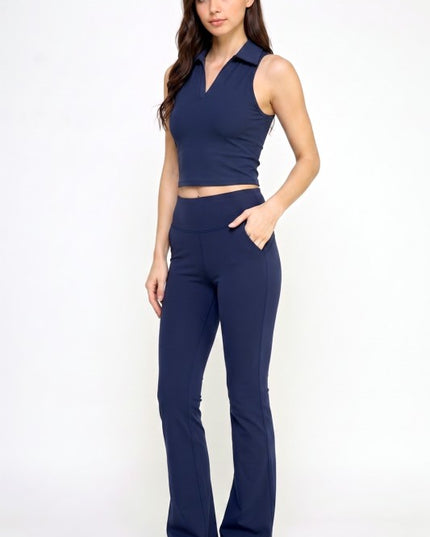 Active Flare Pants Set – Collared Crop Top Style