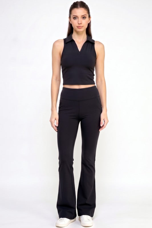 Active Flare Pants Set – Collared Crop Top Style