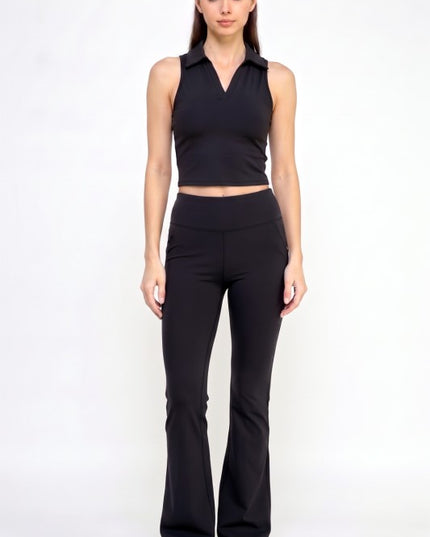 Active Flare Pants Set – Collared Crop Top Style