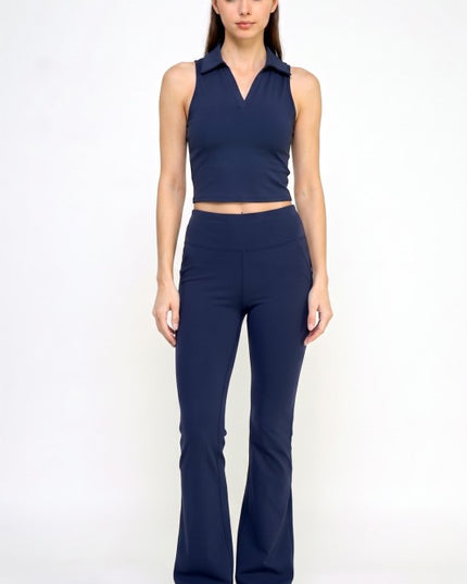 Active Flare Pants Set – Collared Crop Top Style
