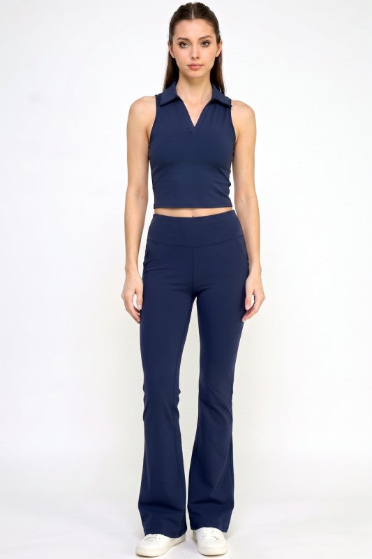 Active Flare Pants Set – Collared Crop Top Style