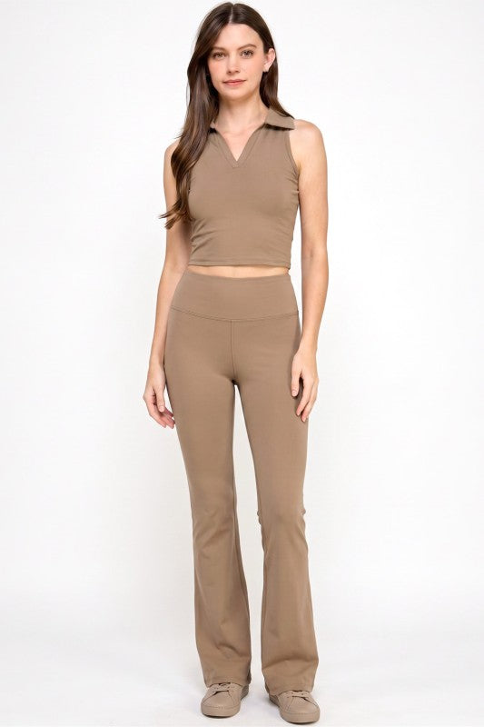Active Flare Pants Set – Collared Crop Top Style