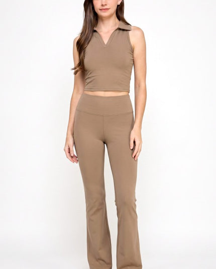 Active Flare Pants Set – Collared Crop Top Style