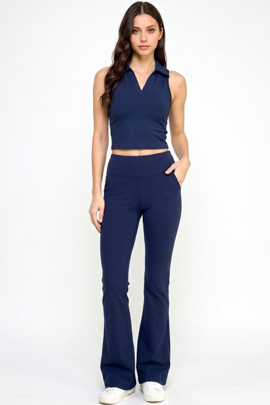 Active Flare Pants Set – Collared Crop Top Style