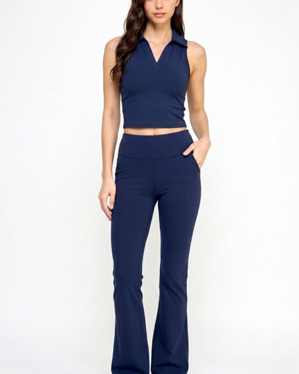 Active Flare Pants Set – Collared Crop Top Style