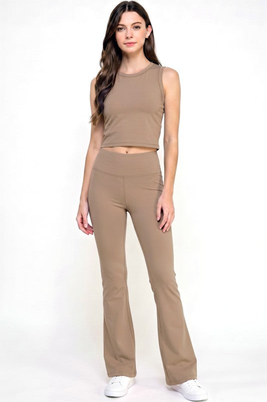 Active Flare Pants Set – Round Neck Crop Top Style