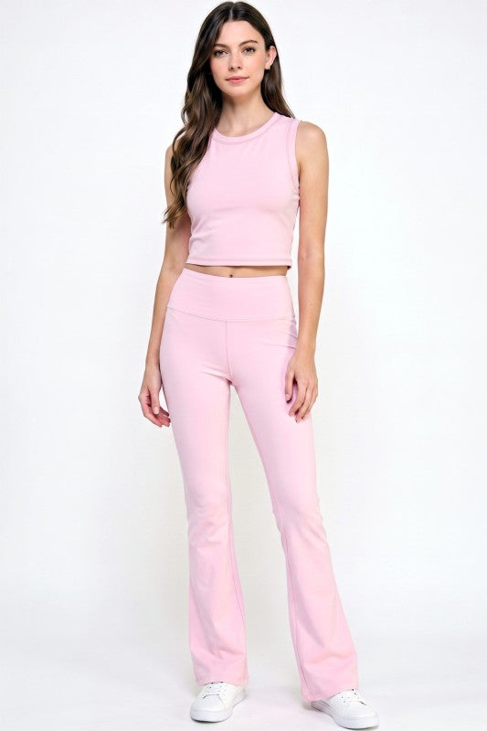Active Flare Pants Set – Round Neck Crop Top Style