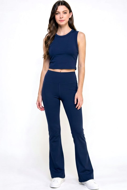 Active Flare Pants Set – Round Neck Crop Top Style