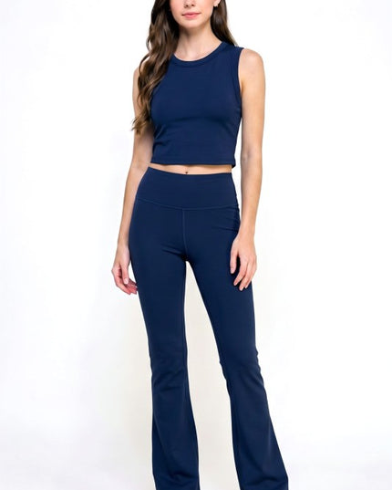 Active Flare Pants Set – Round Neck Crop Top Style