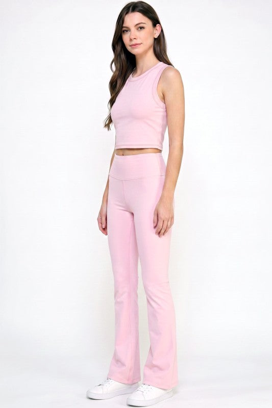 Active Flare Pants Set – Round Neck Crop Top Style