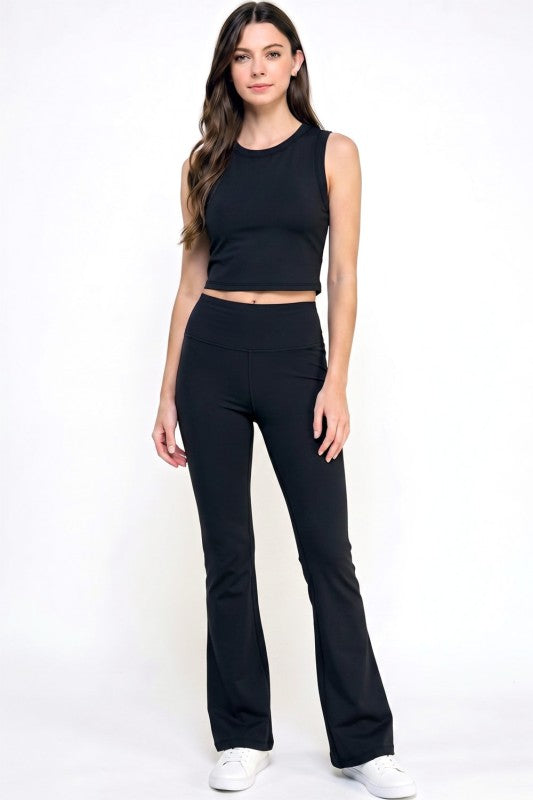 Active Flare Pants Set – Round Neck Crop Top Style