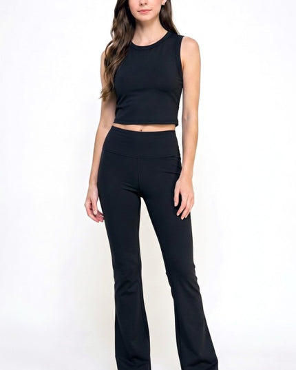 Active Flare Pants Set – Round Neck Crop Top Style