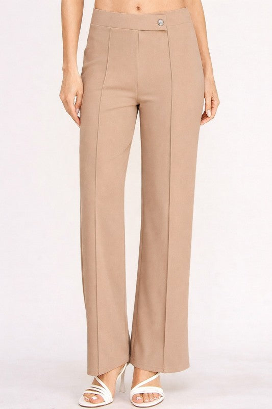 YC38 High Rise Pleated Pants – Button Detail Chic Style