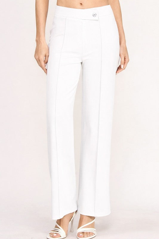 YC38 High Rise Pleated Pants – Button Detail Chic Style
