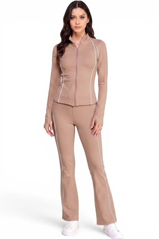 LU801SET Piping Zip-Up Jacket & High Rise Flare Pants Set