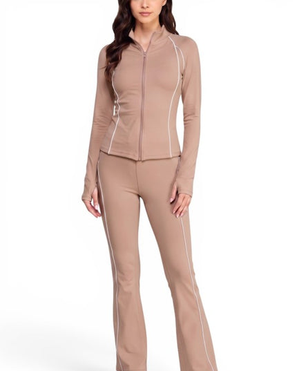 LU801SET Piping Zip-Up Jacket & High Rise Flare Pants Set