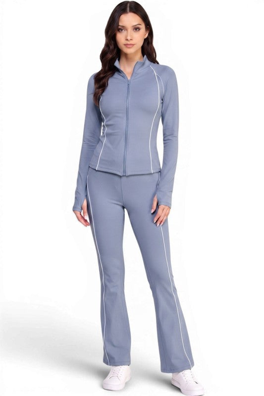 LU801SET Piping Zip-Up Jacket & High Rise Flare Pants Set