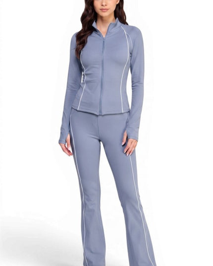 LU801SET Piping Zip-Up Jacket & High Rise Flare Pants Set