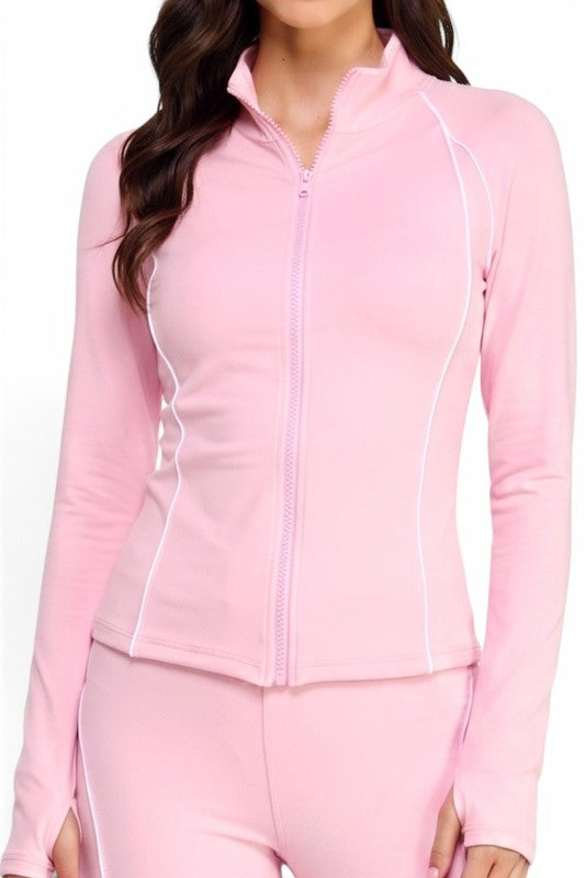 LU801SET Piping Zip-Up Jacket & High Rise Flare Pants Set