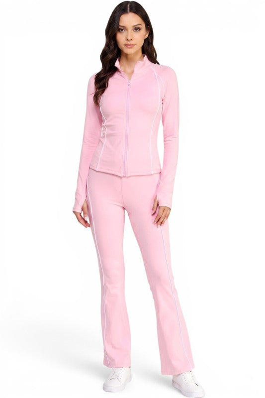 LU801SET Piping Zip-Up Jacket & High Rise Flare Pants Set