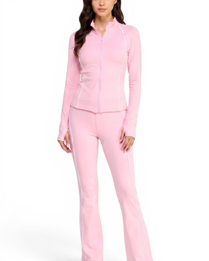 LU801SET Piping Zip-Up Jacket & High Rise Flare Pants Set