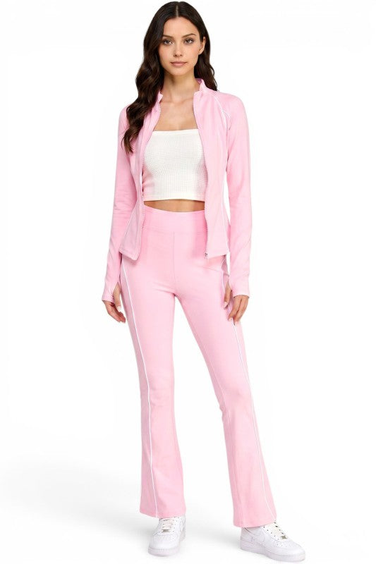 LU801SET Piping Zip-Up Jacket & High Rise Flare Pants Set