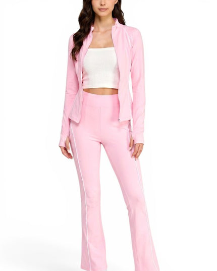 LU801SET Piping Zip-Up Jacket & High Rise Flare Pants Set