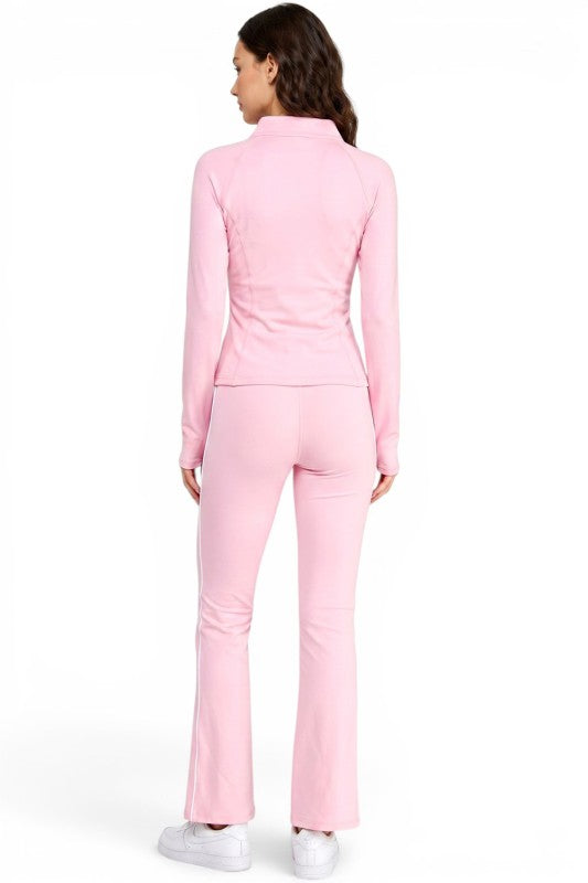 LU801SET Piping Zip-Up Jacket & High Rise Flare Pants Set