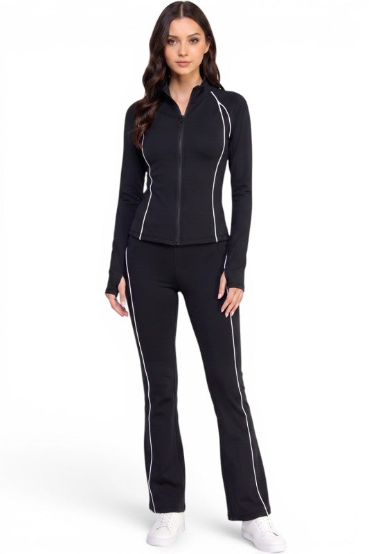 LU801SET Piping Zip-Up Jacket & High Rise Flare Pants Set