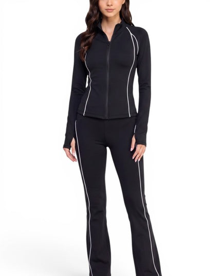 LU801SET Piping Zip-Up Jacket & High Rise Flare Pants Set