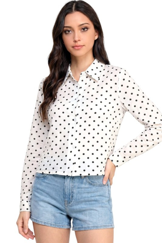 LELIS-902 Polka Dot Button Down Top – Long Sleeve Style