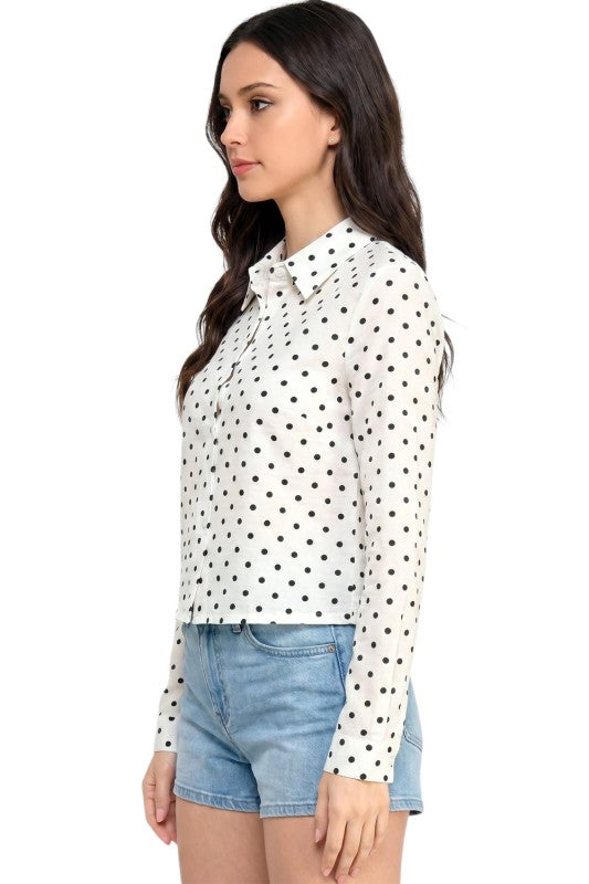 LELIS-902 Polka Dot Button Down Top – Long Sleeve Style